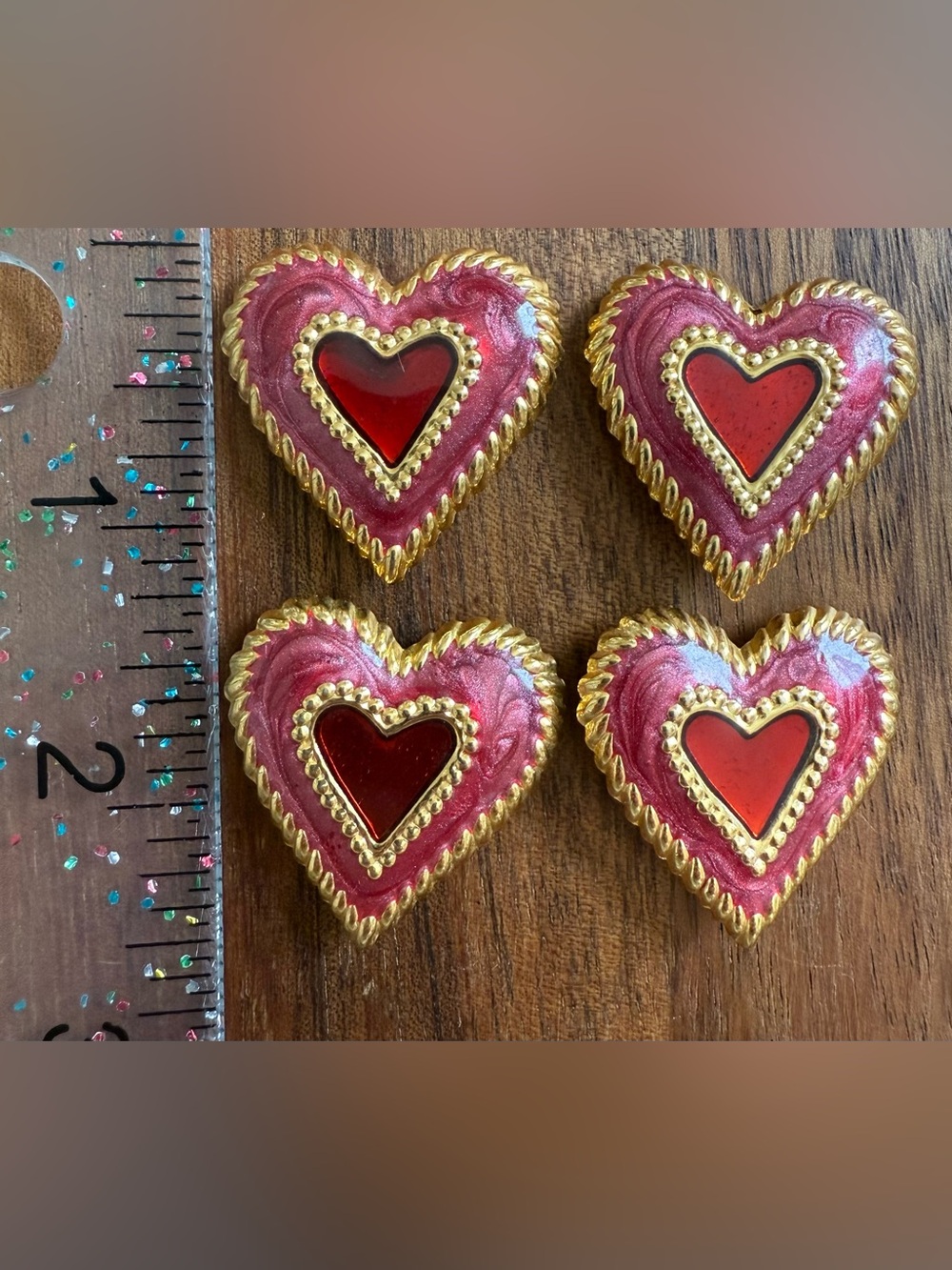Lot of 4 Vintage Red and Gold Heart Button Covers Love Valentine’s Day Enamel